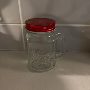 Glass Mason Jar Mug with Red Metal Lid - Snowflake Design